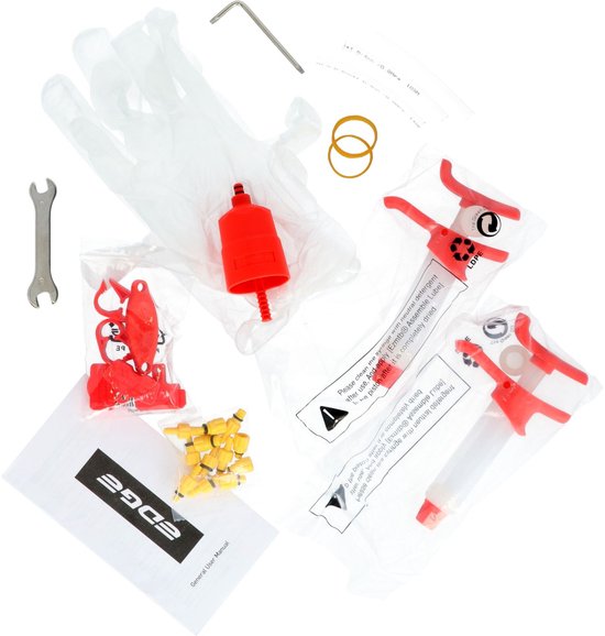 EDGE remontluchtingskit met gereedschap, handschoenen, rode ontluchtingsbeker en adapters.