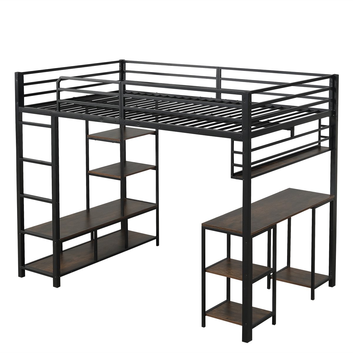 REDOM hoogslaper 120x200 cm – Zwart/walnoot – Met bureau en opbergrek – 4-treden ladder – Stabiele lattenbodem