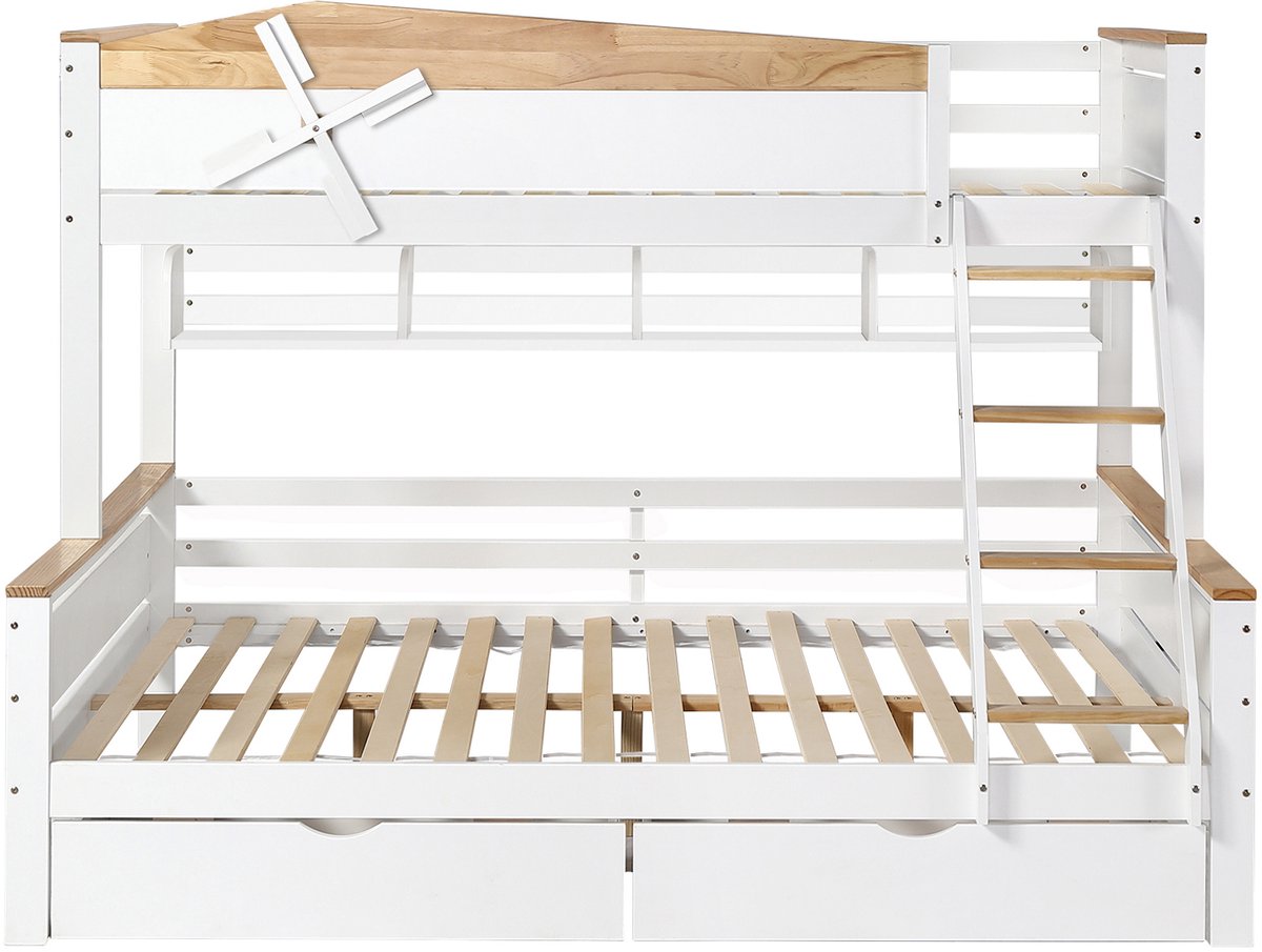 REDOM Stapelbed 90x200 & 140x200 cm – Wit/naturel – Met windmolen, planken, ladder & opberglades