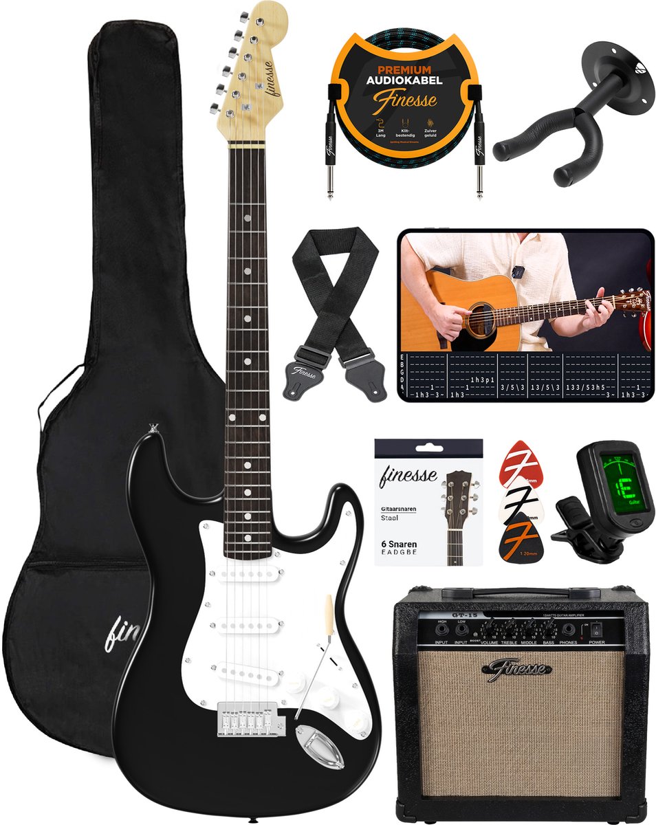 Finesse Elektrische Gitaar met Versterker - met Videocursus - Gitaar - Volwassenen - Kind - Zwart