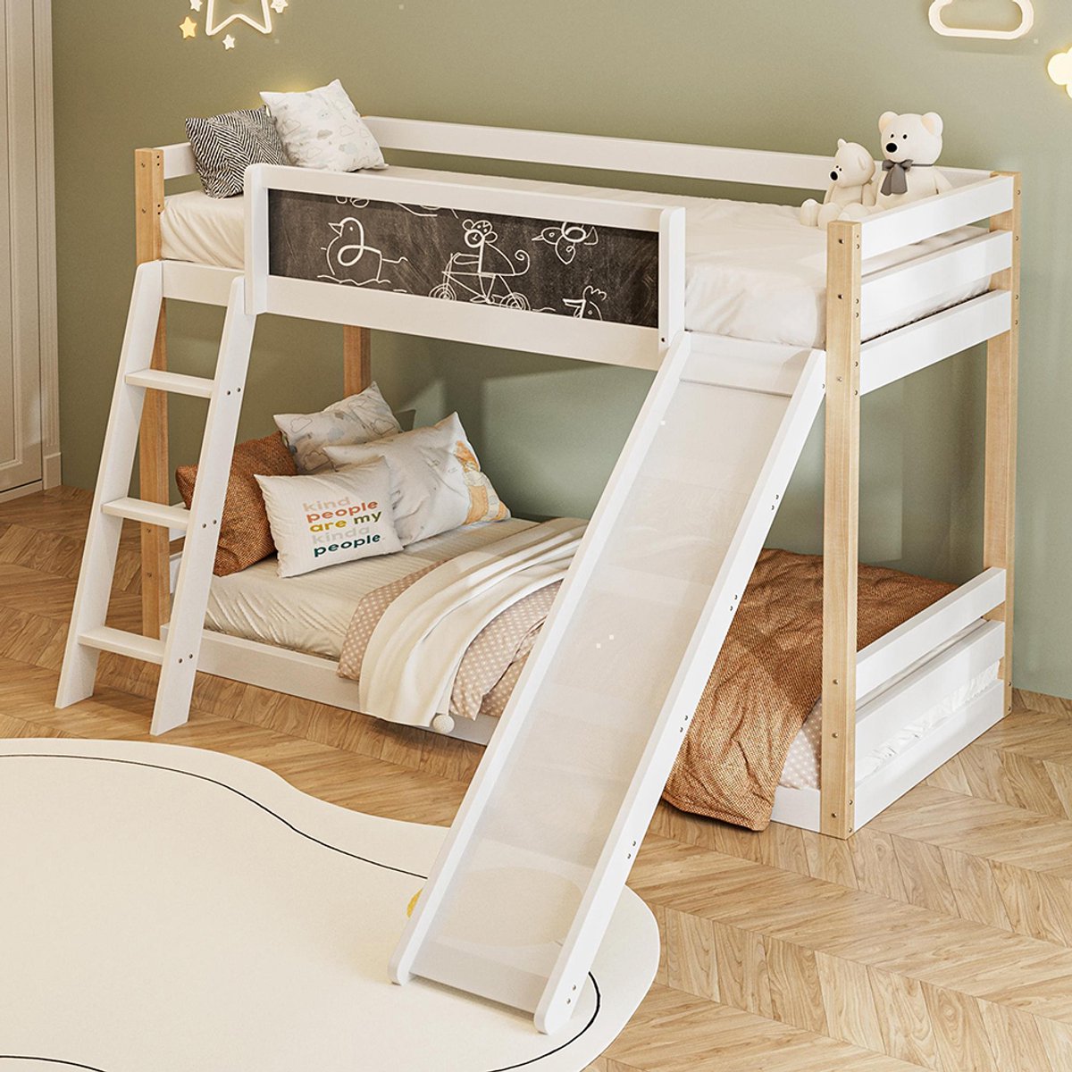 KOMHTOM Hutbed Stapelbed met glijbaan en trap stabiel houten frame + PB geschikt voor matrassen van 90×200 en 90×190 cm
