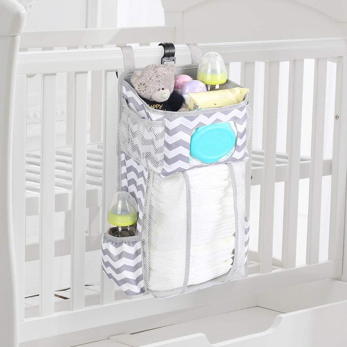 Opknoping luier Caddy, Baby Bed opknoping Organizer, Kwekerij Organisatie Baby Luierhouder, Luierstapelaar Opslag voor wieg, speelplaats, commode of muur (grijs en wit) (grijs en wit)