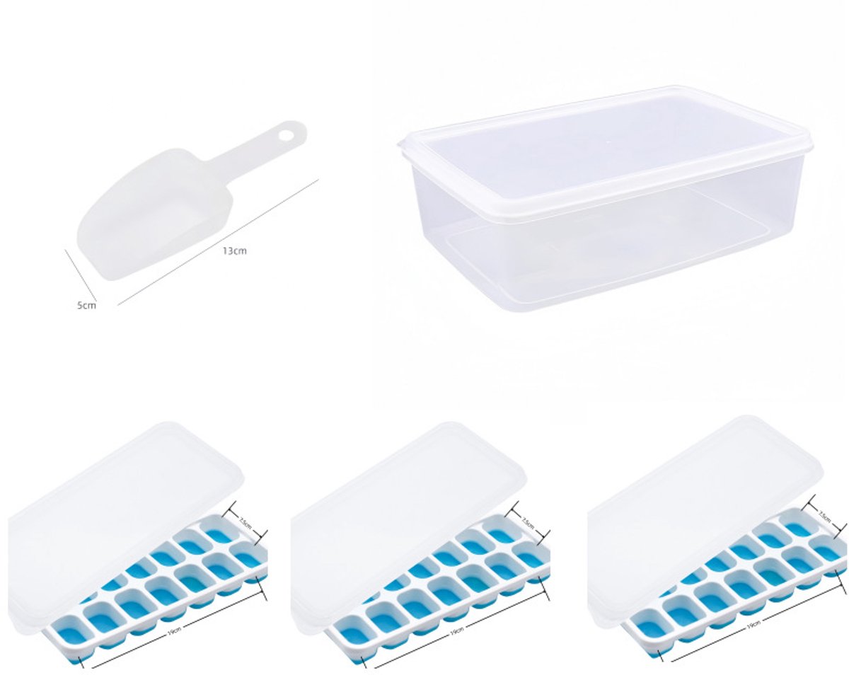 IJsblokjesvorm, met deksel en ijsbox, 3-delige siliconen kunststof ijsblokjesvormset, geschikt voor koelkasten, met box/container, stapelbaar, met opberg-ijsemmerset, lepel, geschikt voor campers, soepen, eten, cocktails, koffie.