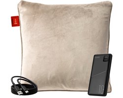 Coozie Oplaadbaar Warmtekussen – Draadloos & Bedraad – 45–65°C – Velvet – 45 x 45 cm – Beige – Elektrisch Kussen – Incl. Powerbank – Tot 8 uur warmte