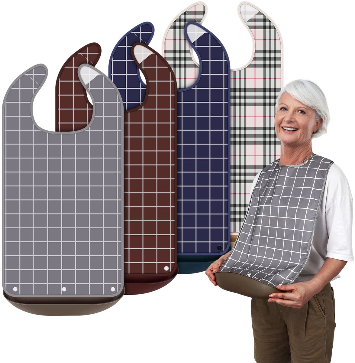 4 stuks - Slabbetjes voor volwassenen - Water- en stofdicht - Met afneembaar - Kruimelopvangzakje - Unisex - Wasbaar en herbruikbaar - Ruitjespatroon - 35 x 75 cm - Diverse kleuren