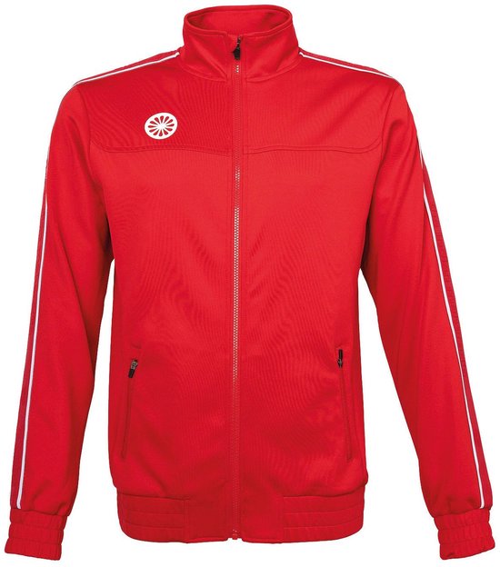 Rode trainingsjack voor heren met witte strepen op de mouwen en een wit logo op de borst.