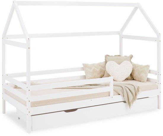 Lit enfant Homestyle4u 90x200 cm - Lit cabane - avec coffre de rangement - Wit