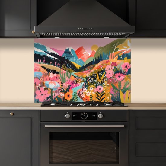 Spatscherm 80x55 cm - Zelfklevende achterwand Rivier - Diepte - Bloemen - Keuken muurbeschermer - Spatwand fornuis