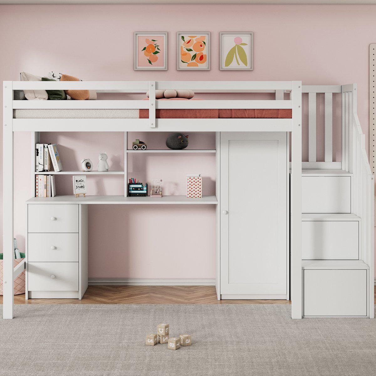 MODFU Multifunctioneel Stapelbed – Met bureau, kast en opbergruimte – 2x 90x200 cm – Massief hout – Wit