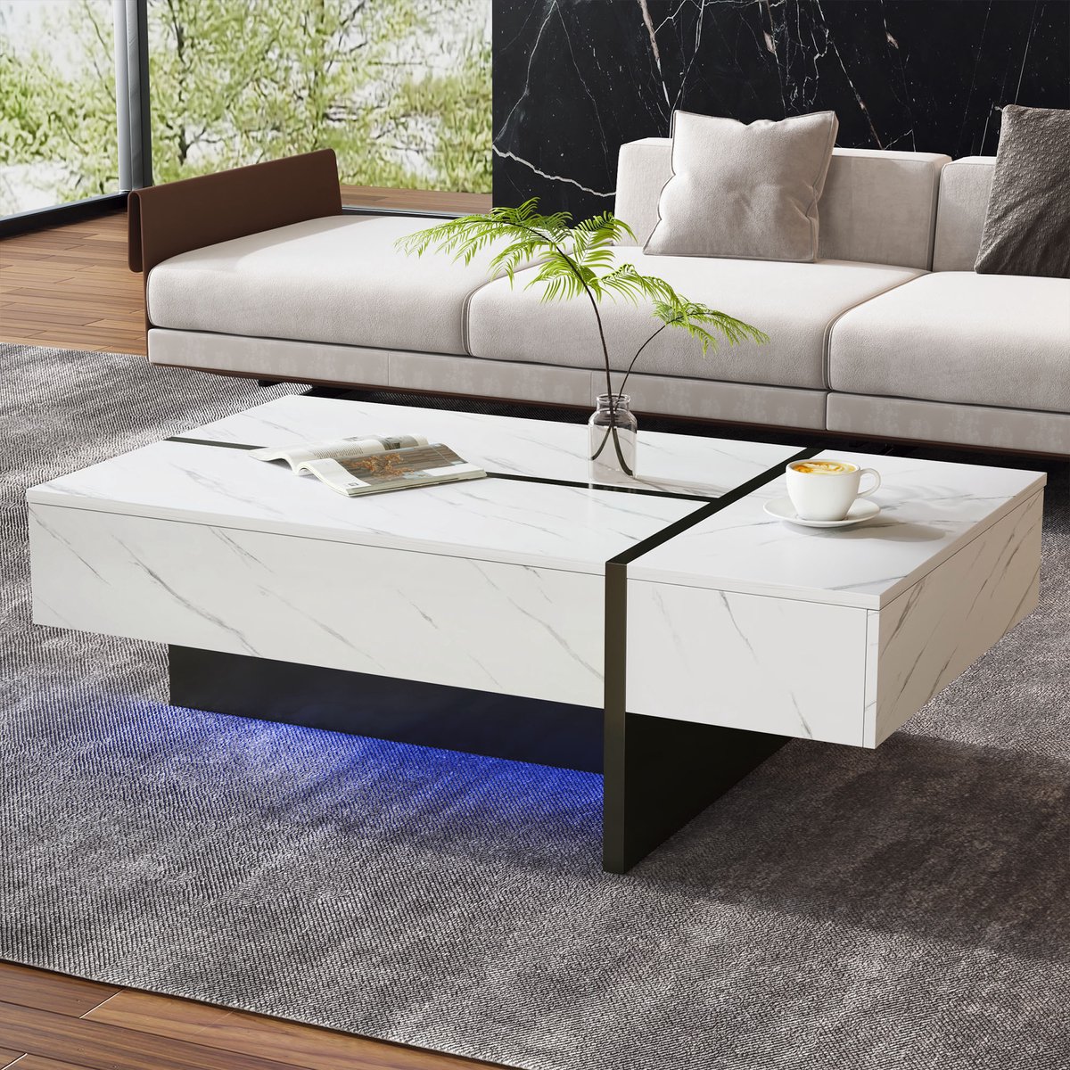Wishdor Smart Salontafel Marmerlook met App LED (105x60x35 cm) - Ultra Laag Zwevend Design - 3 Lades - Hoogglans Wit
