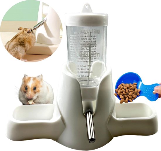 Witte hamsterwaterfles met standaard, voerbakbasis, automatische watervoerder, geschikt voor dwerghamsters, gerbils en andere kleine dieren.
