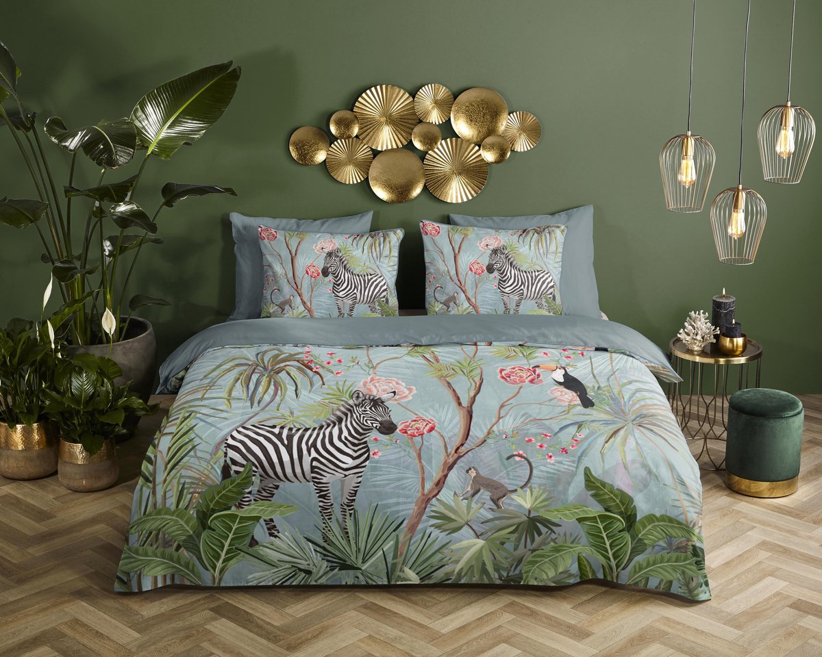 Descanso dekbedovertrek jungle print - 2 persoons 200x200/220 cm - Aqua - 100% Katoen satijn