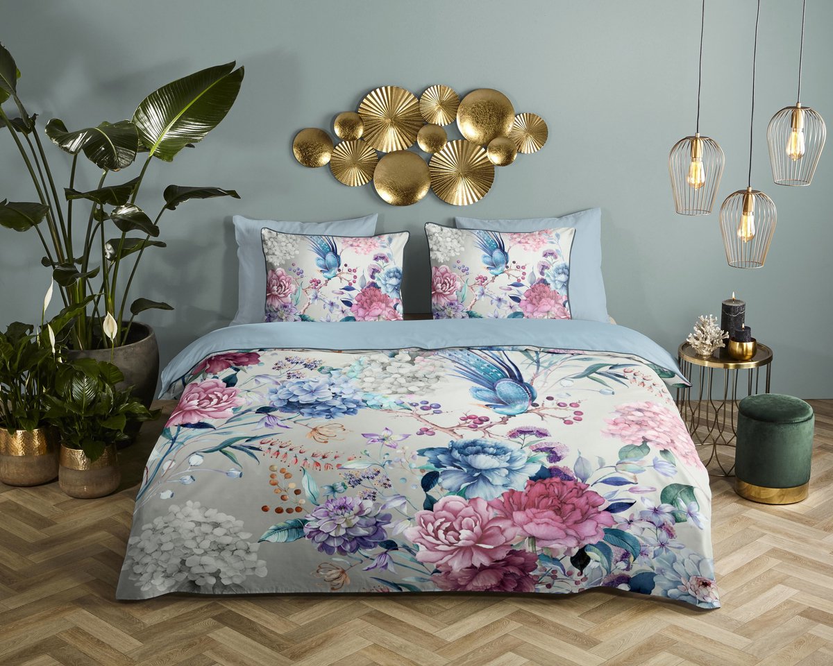 Descanso dekbedovertrek bloemen - Lits jumeaux 240x200/220 cm - Grijs - 100% Katoen satijn