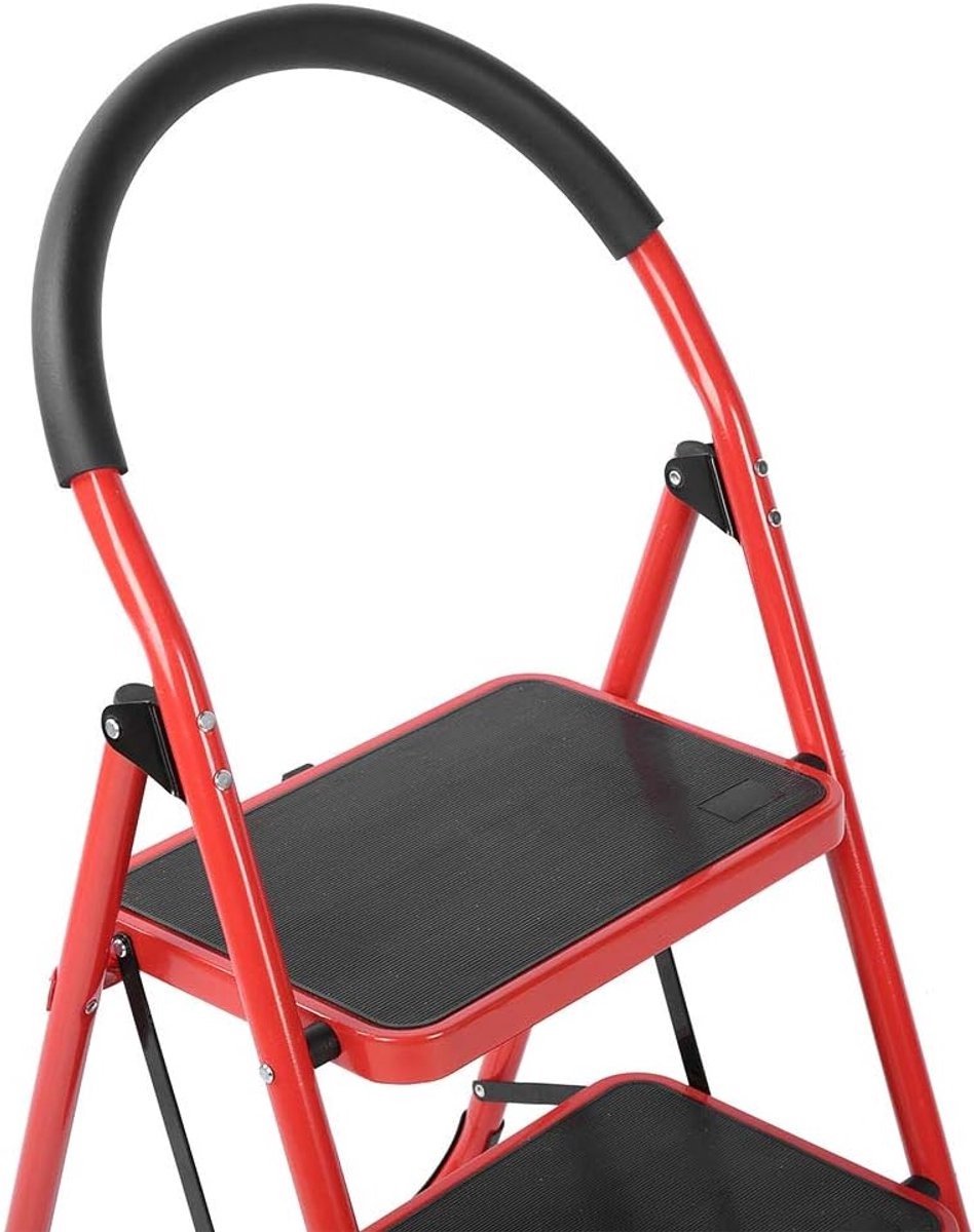 Borvat® Opvouwbare stalen trapladder – Stevige huishoudtrap – Ladder met 2 treden – Antislip ontwerp – Compact opstapje – Stabiel hulptrapje – Veilige trapladder-Rood – foto 2