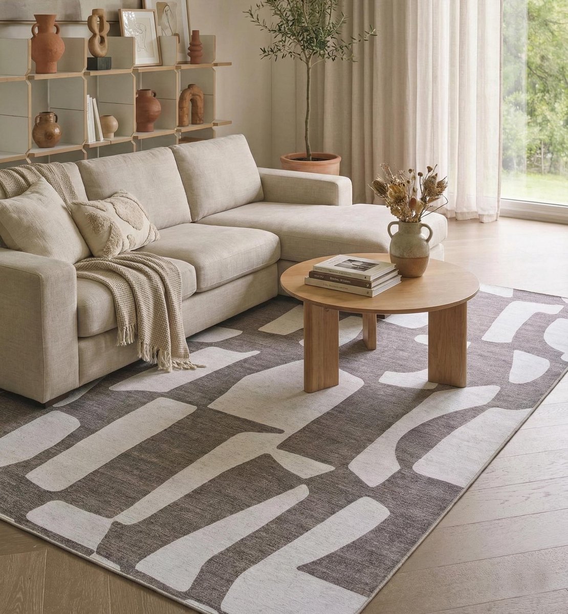 flycarpets Burano Abstract Vloerkleed - Bruin / Creme - Laagpolig Tapijt Woonkamer - 120x170 cm