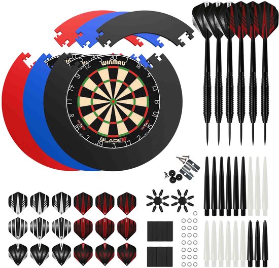 Dartbord met beschermranden in rood, blauw en zwart. Set bevat 6 dartpijlen, flights, shafts, ringen en montagemateriaal.