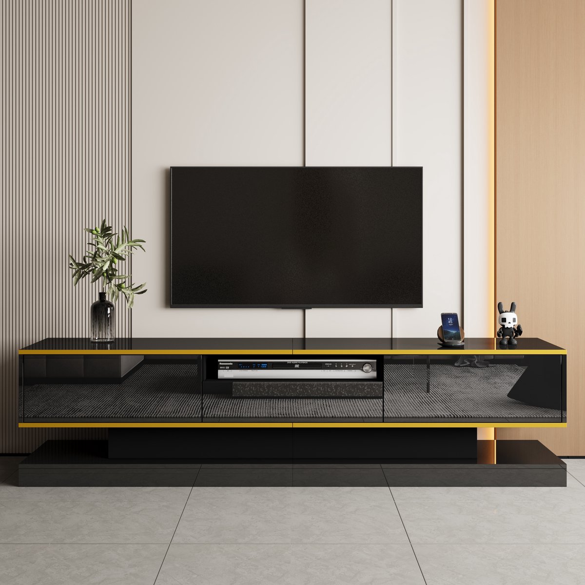OKWISH TV-Kast – Modern – 3 Laden – Met Kleurwisselende LED – Hoogglans Met Gouden Decorstrepen – Spaanplaat Zwart+Goud – 180x38x45 cm