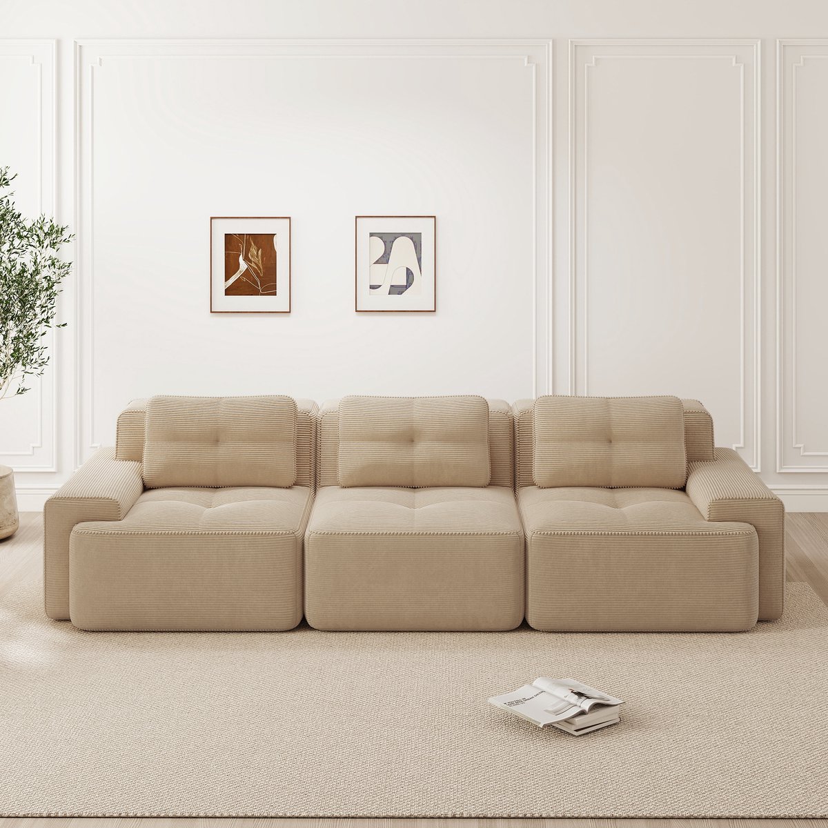 Boneloze modulaire bank, moderne woonkamerbank met lage zit, comfortabele katoenen fluwelen wolkbank, 3-zits kleinbank, slaapbank, beige