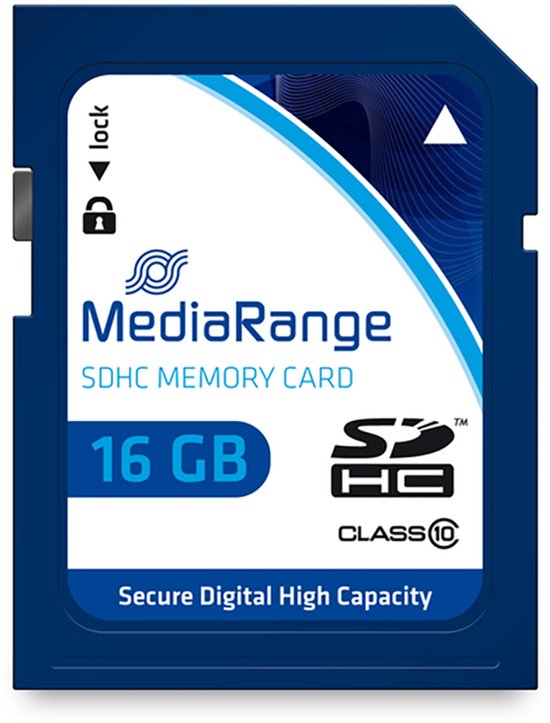 Blauwe MediaRange SDHC-geheugenkaart 16 GB met "Secure Digital High Capacity" opdruk.