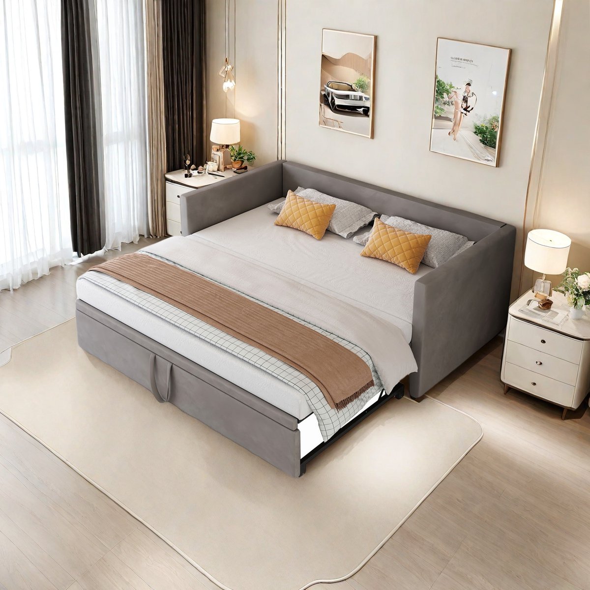 Eenpersoons / Tweepersoons Slaapbank 2-in-1 – Fluwelen Bankbed, Grijs, 90x200 / 180x200