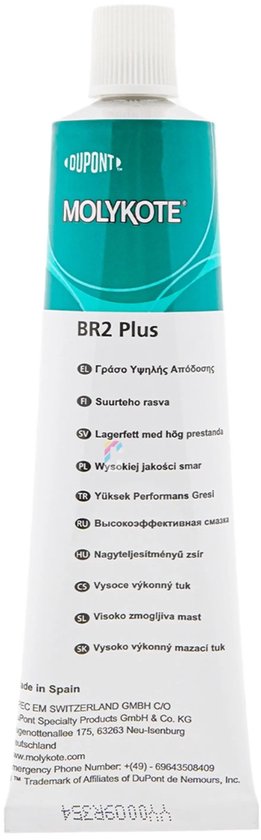 Koker Molykote BR2 Plus smeervet met witte dop. De koker is groen met witte en blauwe tekst.