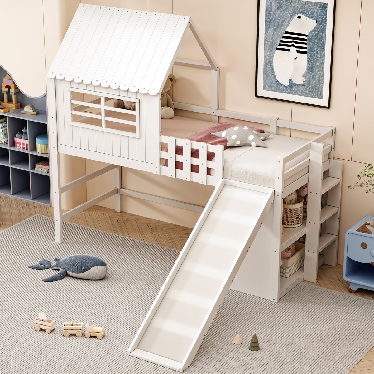 STILVORA Kinderbed 90x200cm – Huisdak met verlengde glijbaan – 36 cm veiligheidsrand & brede trap – Massief grenenhout – Zonder matras – Wit