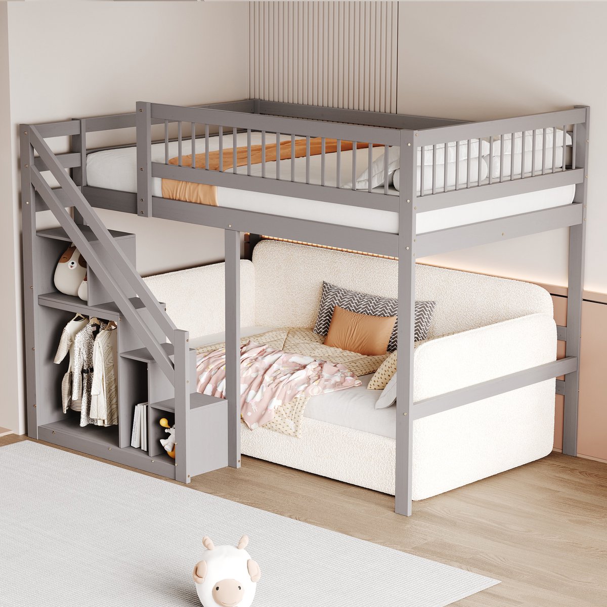 STILVORA Massief Houten Bed 140x200 cm – Kinderbed Met Opbergtreden En Hoog Hoofdeinde – Met Ingebouwde Kastjes Voor Opberg – Hout – Grijs – Zonder matras