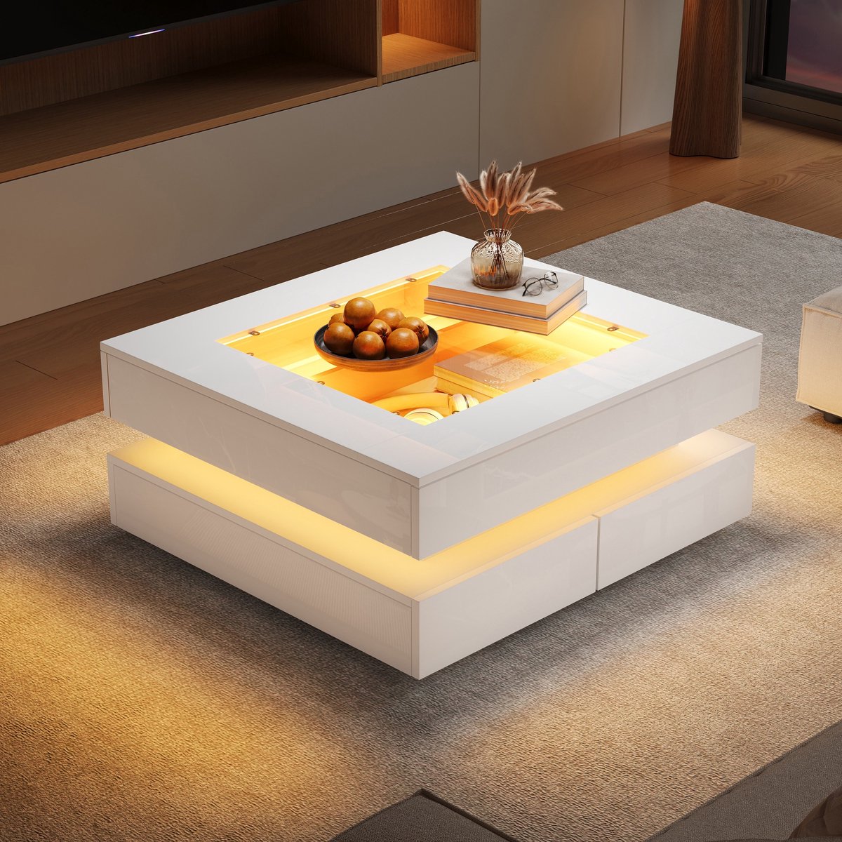 PHOEBE CAT Salontafel - Hoogglans - Glazen tafelblad - LED-verlichting - 3 lades - Wit