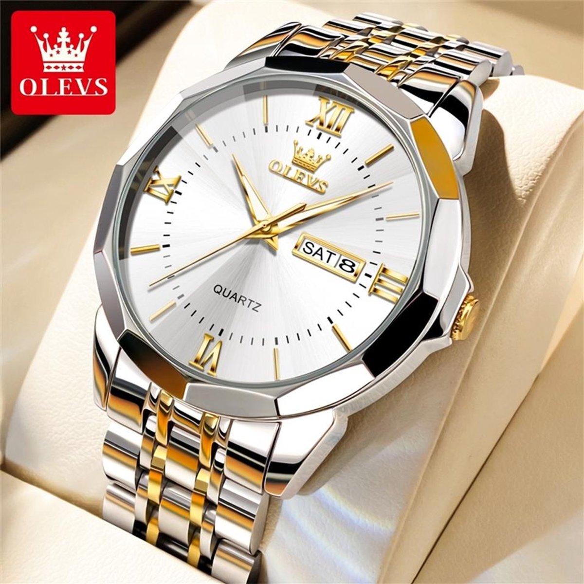 HO-9989.gz-z : Olevs 12 facet zilver-goudkleurig quartz edelstaal heren horloge, zilverkleurige wijzerplaat, dagnaam, kalenderdag
