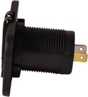 Zij aanzicht van zwarte USB-inbouwdoos met twee metalen pennen.