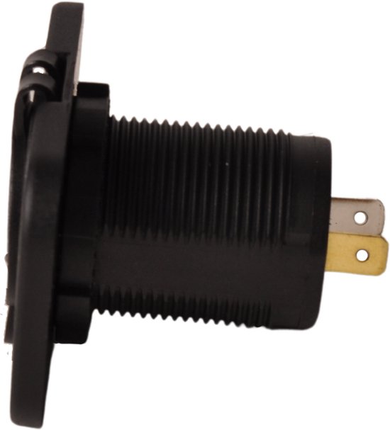 Zij aanzicht van zwarte USB-inbouwdoos met twee metalen pennen.