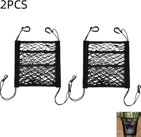 2 stuks - 3-laags mesh auto-organizer - Zwart mesh autostoelnet - elastische tashouder - voor honden, huisdieren en baby's - zwart - 25×30cm