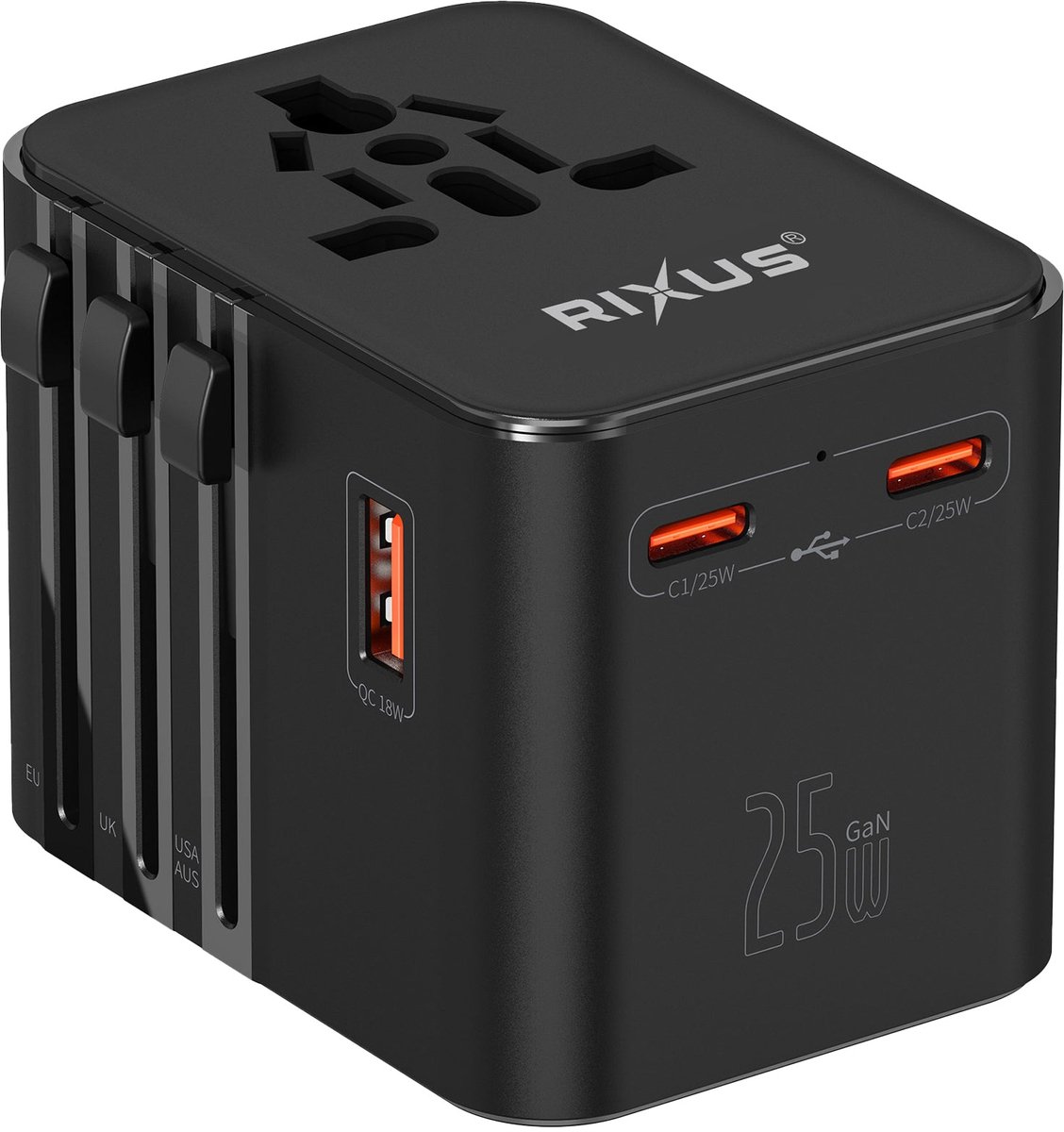 Rixus RX3425 World Travel Adapter 25W With 3 USB Ports Black