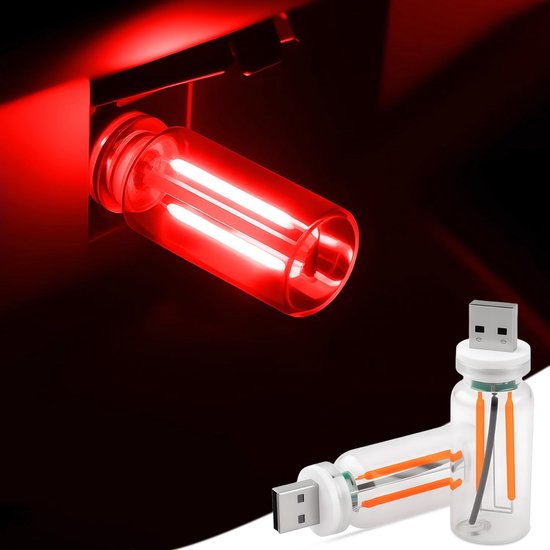 Rode USB-lamp in glazen fles, met zichtbare interne bedrading en USB-connector.