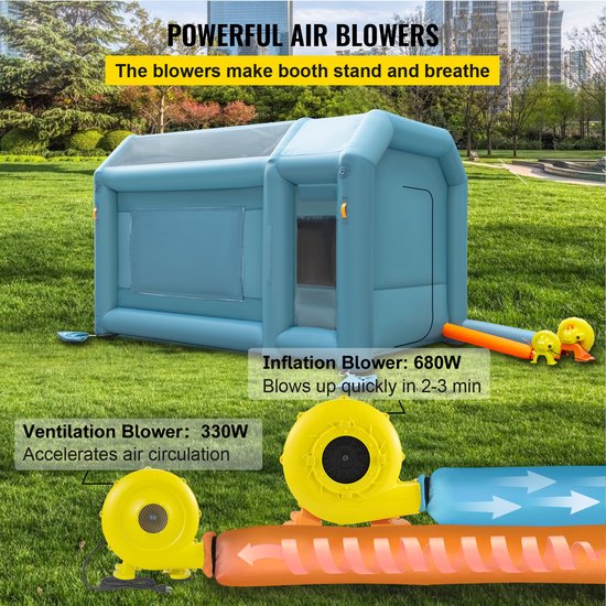 Draagbare opblaasbare spuitcabine, 13 x 8 x 8 ft spuittent met luchtfiltering en dubbele blowers, verbeterde opblaasbare spuittent voor het spuiten van auto's en motorfietsen van Vevor — afbeelding 4