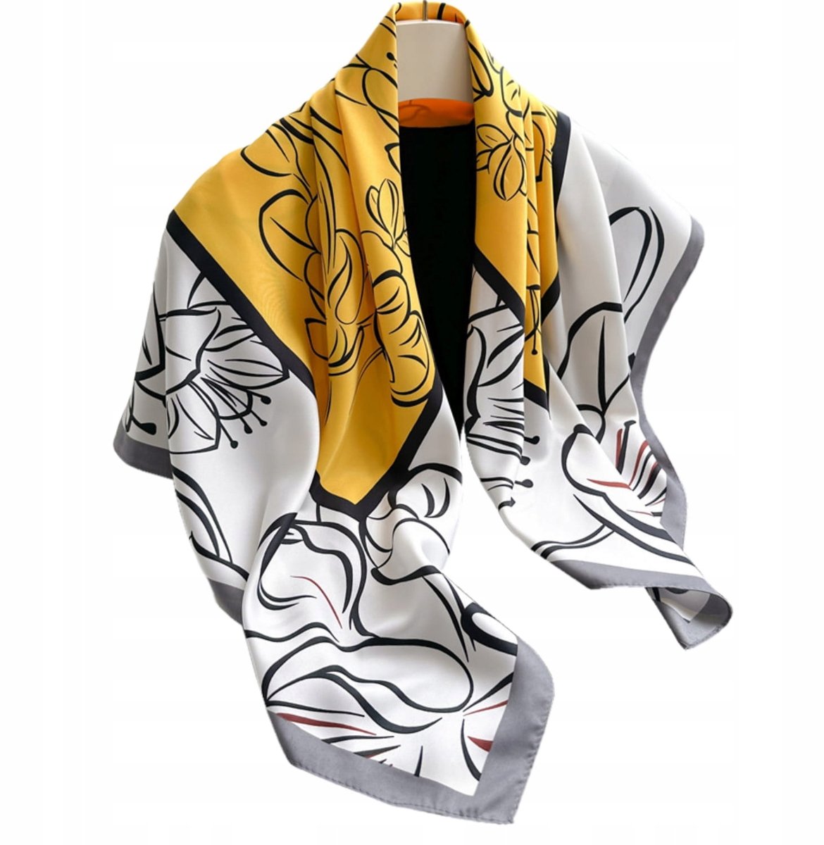 Kamea Dames Sjaal 90x90cm Geel-Wit Bloemig Line Art Elegant