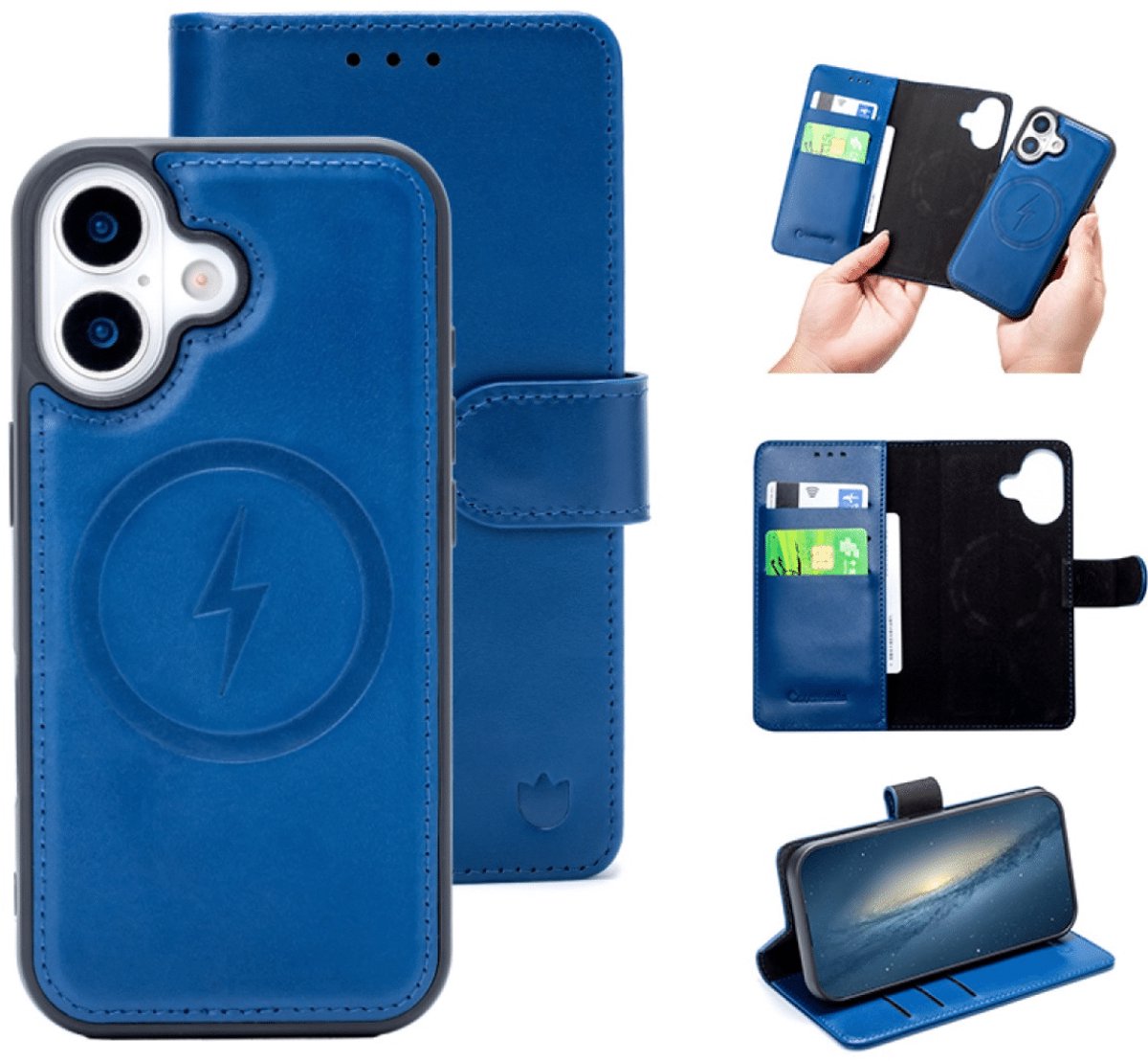 Casemania - Bookcase 2 in 1 Hoesje – iPhone 17 – MagSafe – Echt Leer - Blauw