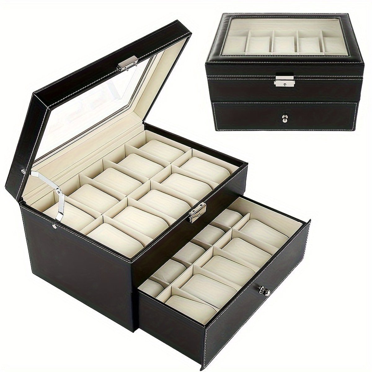 Horlogedoos - Horlogebox - Horloge Opbergdoos - Watch Box - Sieradendoos - 20 Vakken - PU Leer Met Slot - Fluwelen Voering Glazen Deksel - 29x21x17 cm