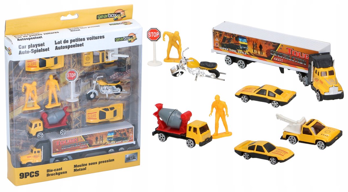 VERSNELLINGSBAK metalen auto's set 9-delig - 6 auto's, 2 poppen, 1 verkeersbord