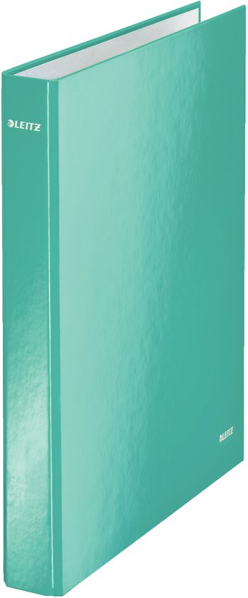 Effen turquoise Leitz ringband met een glanzende afwerking.