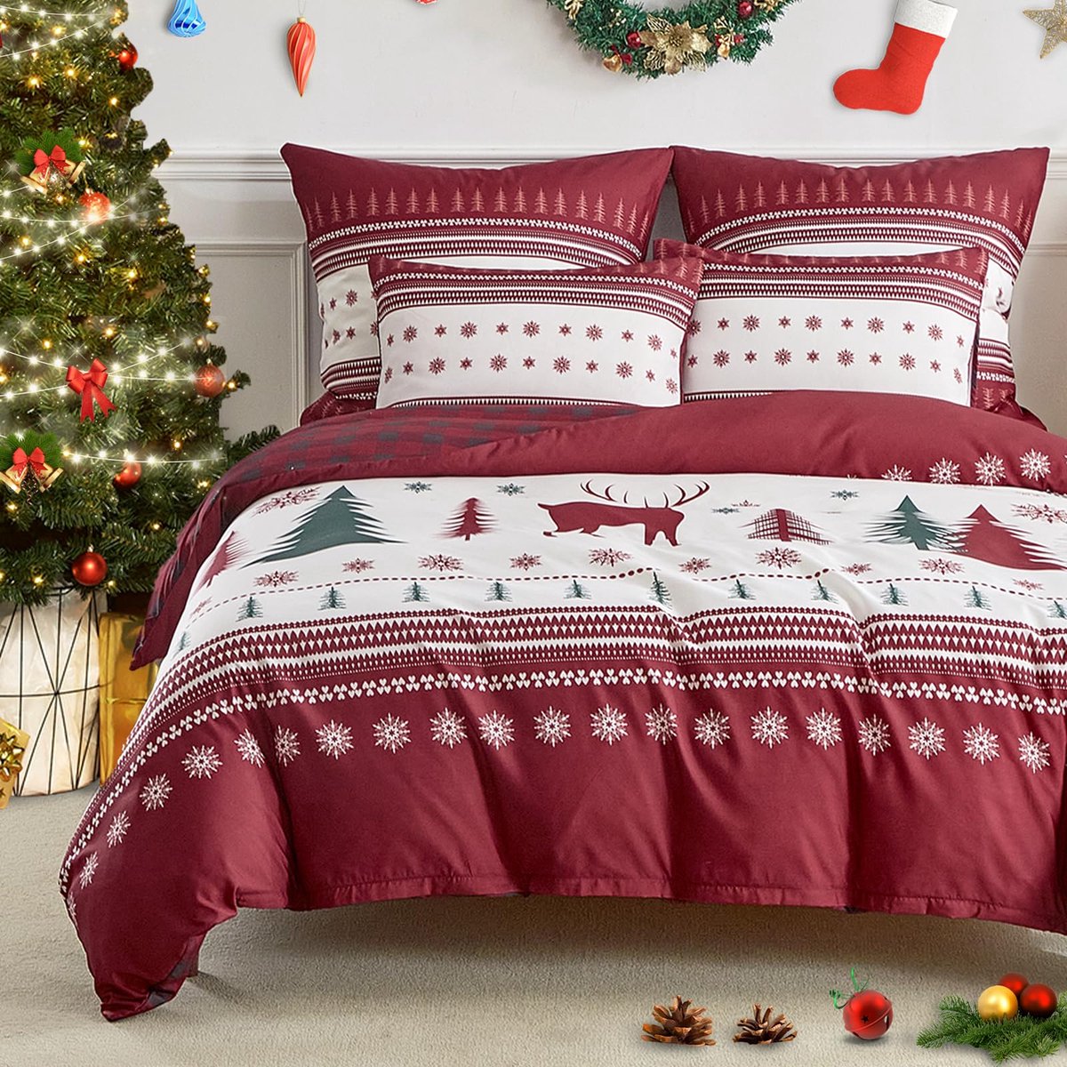 Unyqoos Drie-delige kerstbeddenset van microvezel voor een warme sfeer rood
