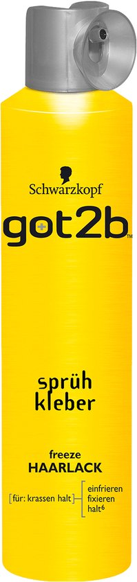 Gele spuitbus met Got2b logo. De tekst "sprüh kleber freeze HAARLACK" staat erop.