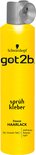 Gele spuitbus met Got2b logo. De tekst "sprüh kleber freeze HAARLACK" staat erop.