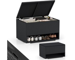 COSTWAY Tuinbox met schoenenrek, polyrotan opbergbox, weerbestendig, met beschermliner en deksel, 186 liter kussenbox, opbergdoos voor tuin, terras, balkon, 95 x 60 x 58 cm (zwart)