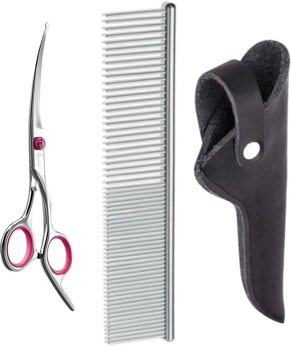 Professionele Hondenschaar – Trimschaar Ergonomisch Krom Rechts – Vacht- & Pootverzorging voor Langharige Honden – Roze met Luxe Lederen Etui – 16,5 cm – Zwart + Anti-Klit Kam – Pijnloos & Huisdiervriendelijk