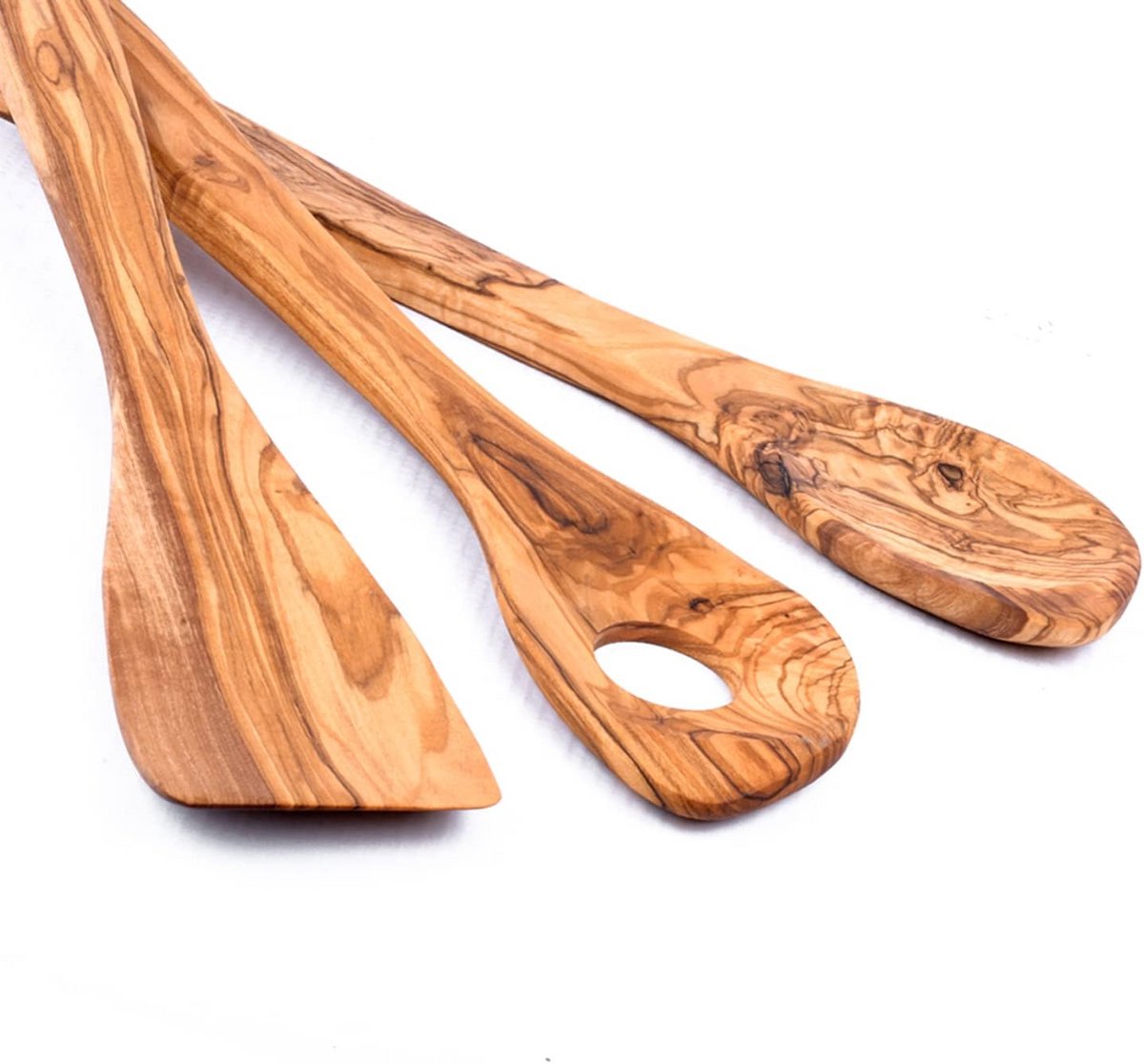 Set van 3 houten lepels van olijfhout spatel hoek ronde lepel