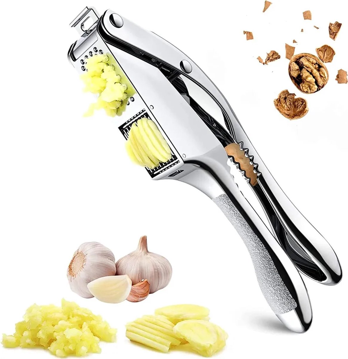 2-in-1 knoflookpers en knoflooksnijder, gemaakt van roestvrij staal.