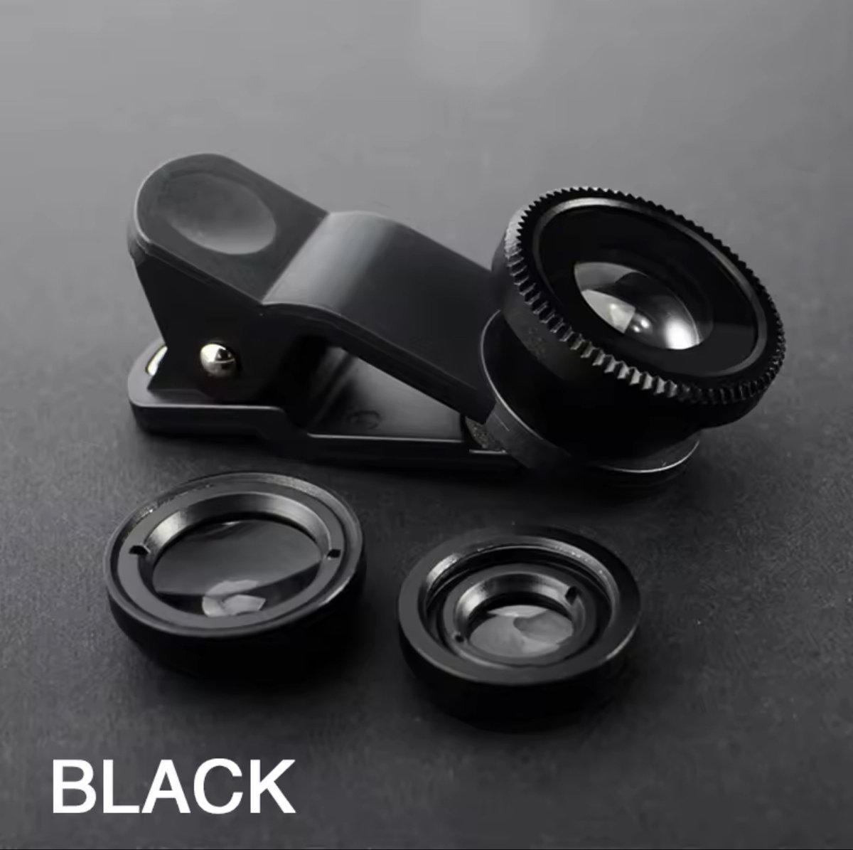 3-in-1 Smartphone Cameralens Set – Fisheye 180°, 0.67x Groothoek & Macro – Met Universele Clip – Zwart