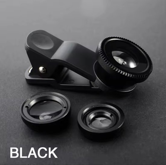 3-in-1 Smartphone Cameralens Set – Fisheye 180°, 0.67x Groothoek & Macro – Met Universele Clip – Zwart