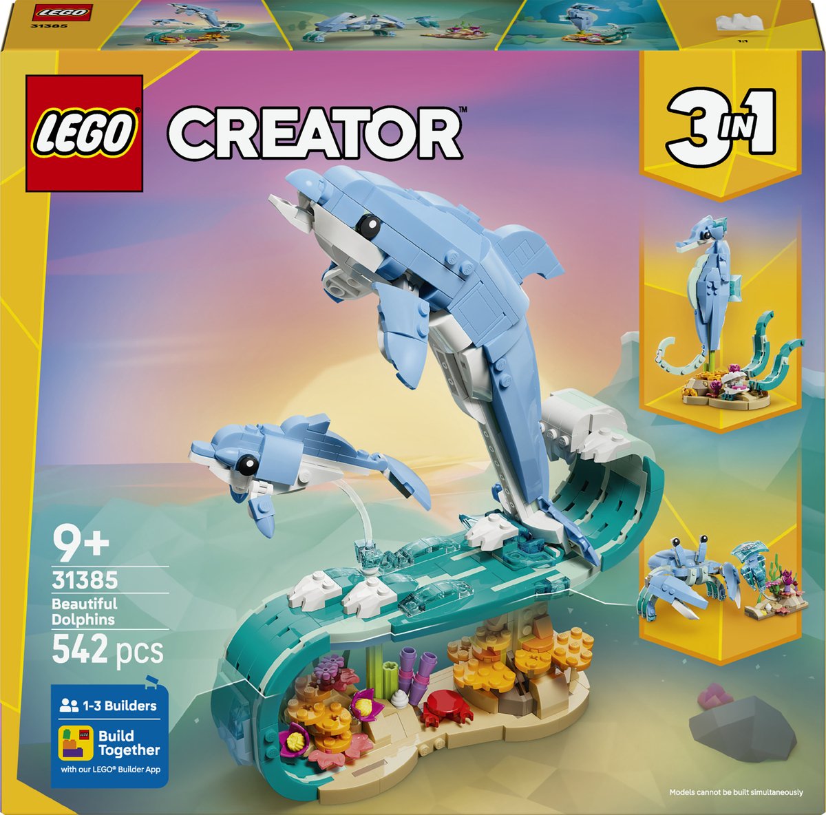 LEGO® Creator 3in1 Zeedieren: Prachtige Dolfijnen - Bouw Om tot een Zeepaardje of Krab - 31385